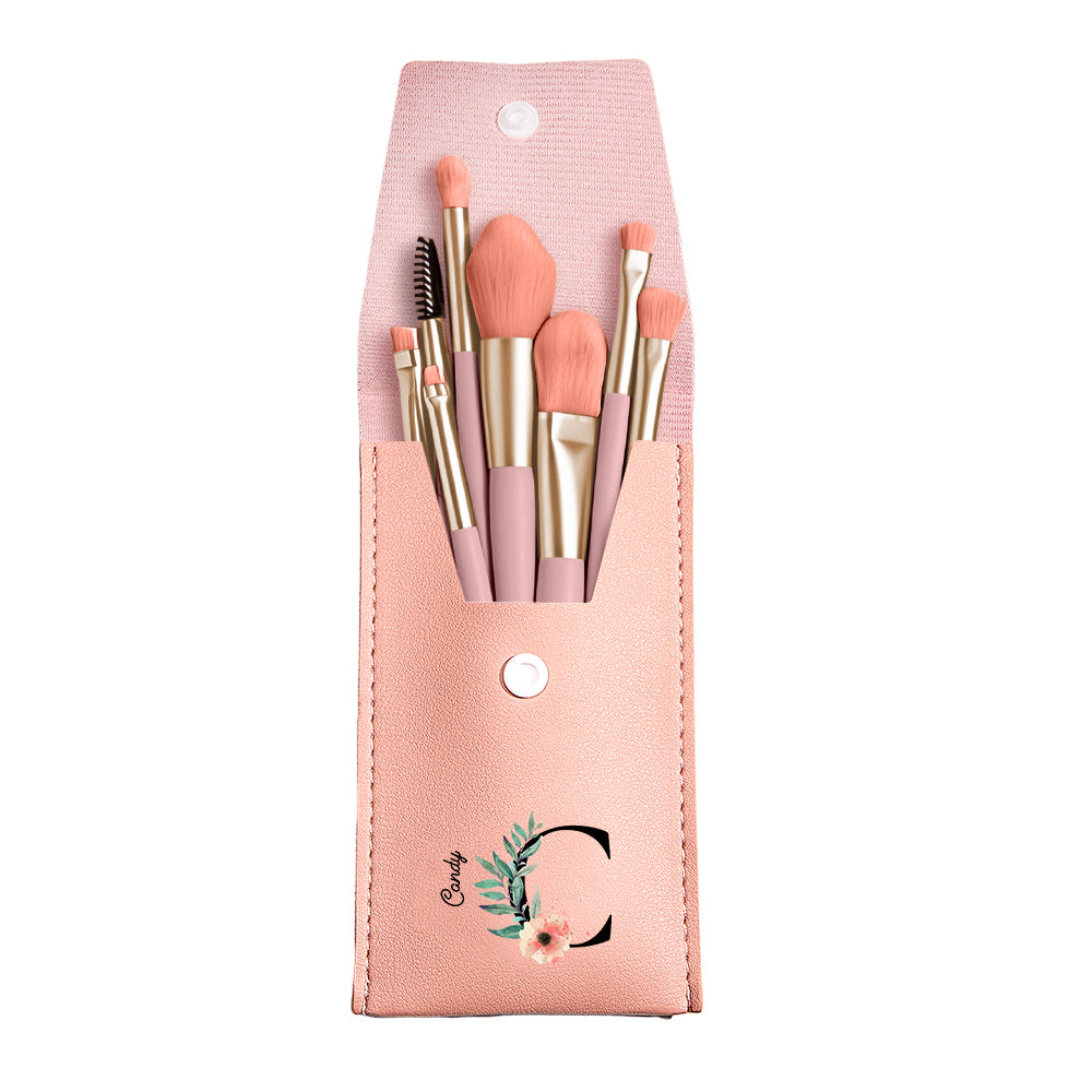 Personalized Flower PU Leather Makeup Brush Bag with 8 Pcs Makeup Brushes Gift for Her