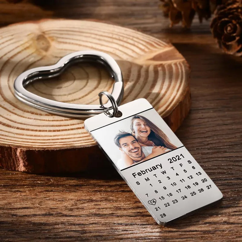 Personalized Photo Calendar Keychain Stainless Steel Keyring Anniversary Gifts for Him