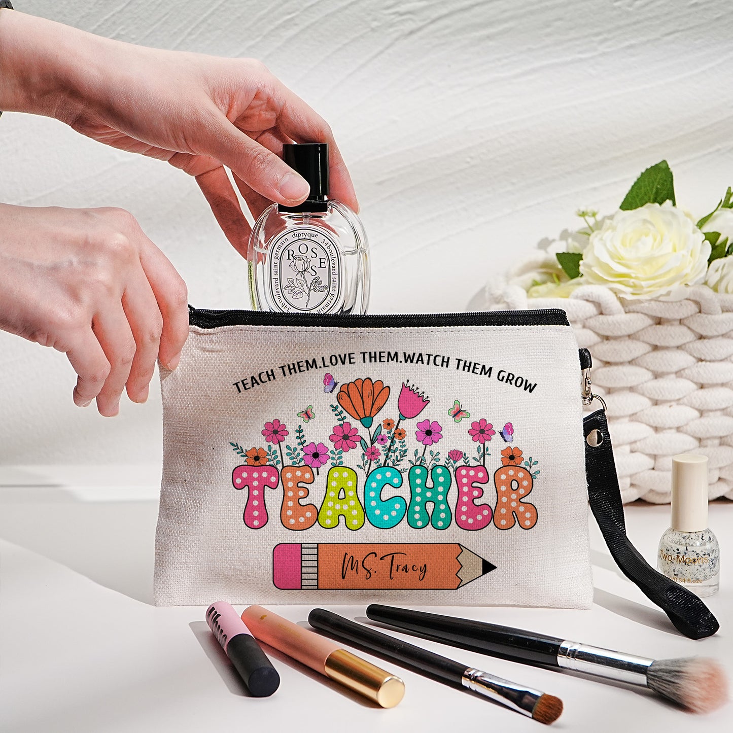 Personalized Flower Pencil Canvas Makeup Bag with Name Appreciation Back to School Gift for Teacher