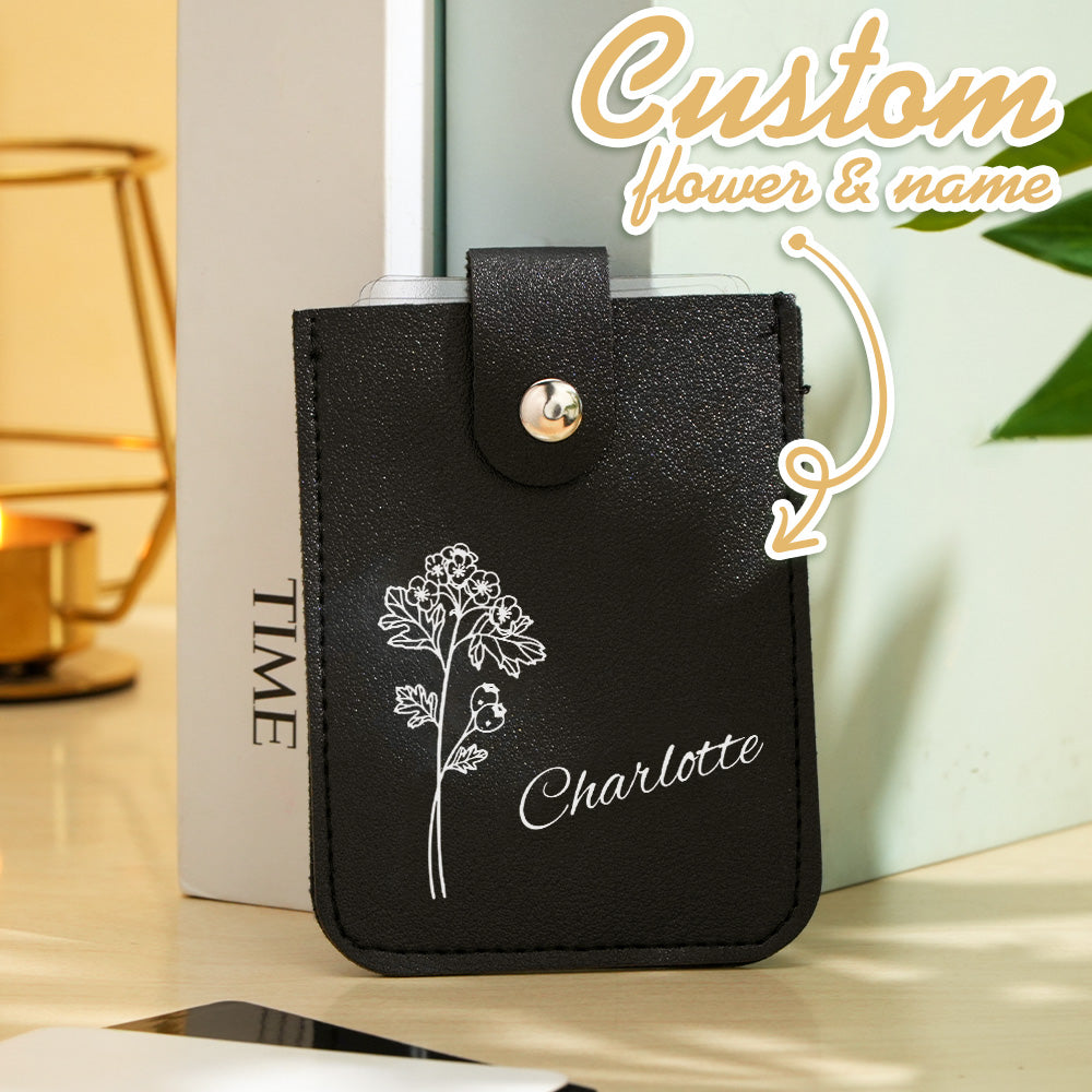 Personalized Birth Flower Wallet with Name Mini Pull-out Card Holder Wallet Gift for Her