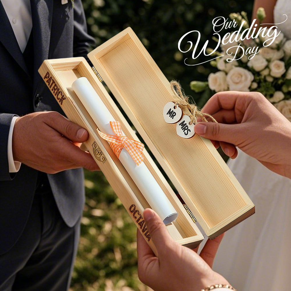 Personalized Wedding Certificate Wooden Storage Box with Mr And Mrs Heart Charms Wedding Gift for Couple