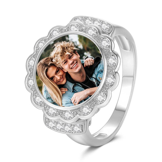 Custom Photo Ring Round Photo with Zircon Mother's Gift