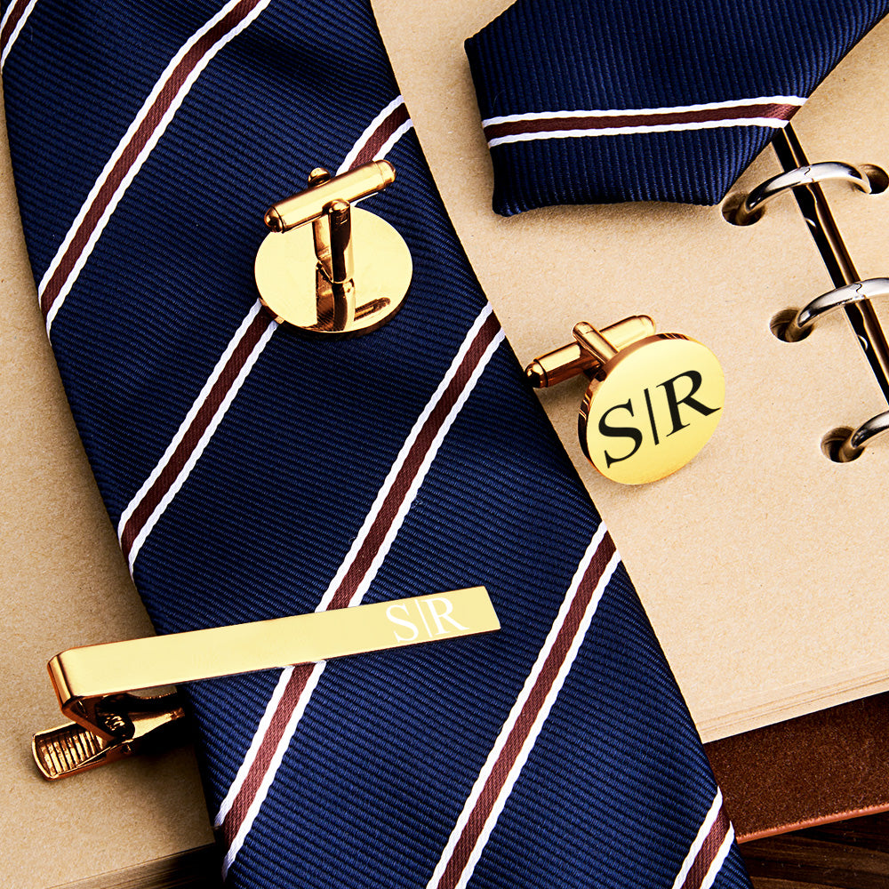 Personalized Engraved Tie Clip and Cufflinks Set with Wooden Box Wedding Gift for Men Groomsmen