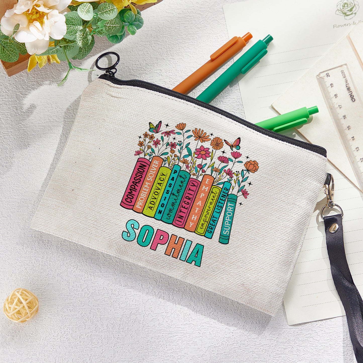 Personalized Flower Pencil Canvas Makeup Bag with Name Appreciation Back to School Gift for Teacher