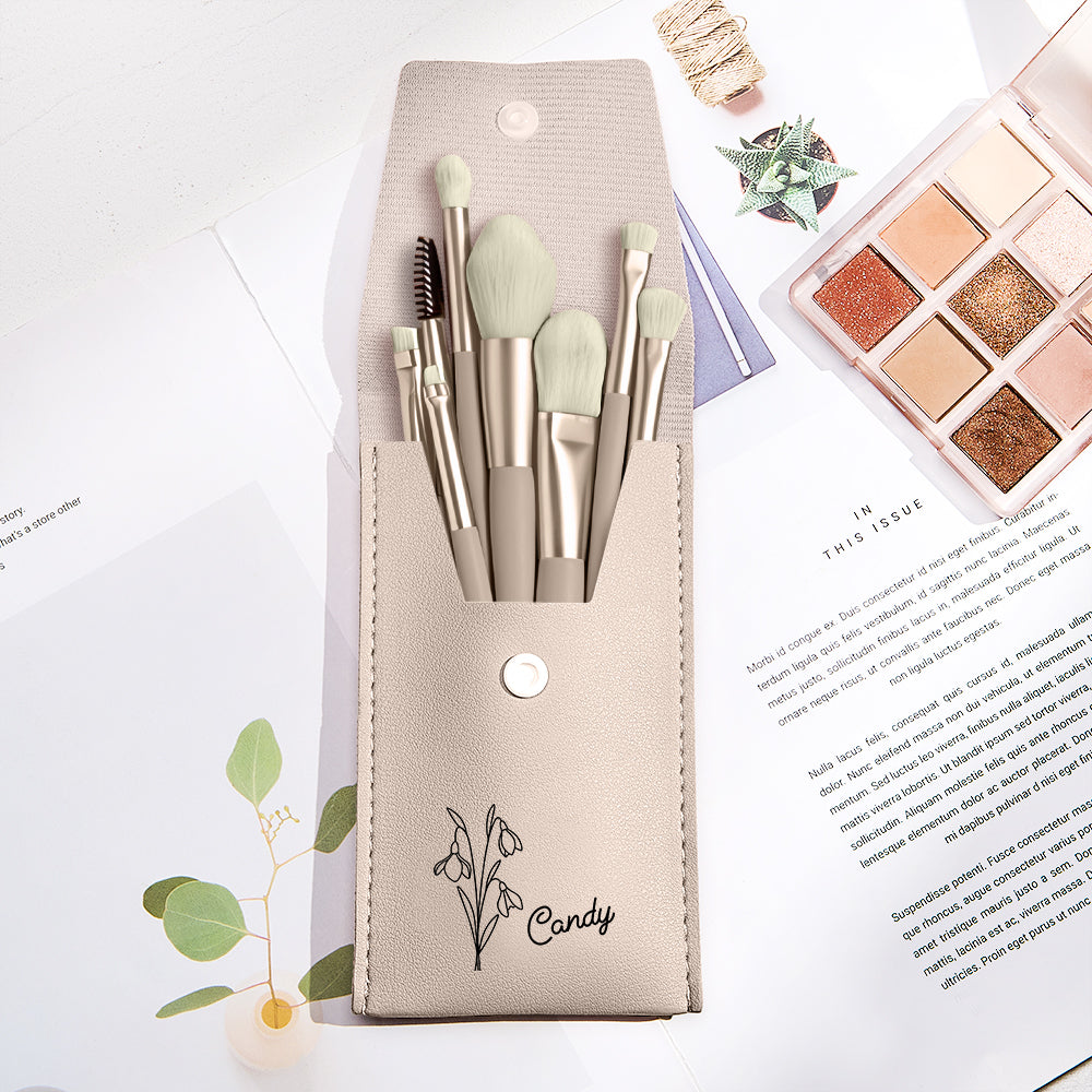 Personalized Birth Flower PU Leather Makeup Brush Bag with 8 Pcs Makeup Brushes Birthday Gift for Her