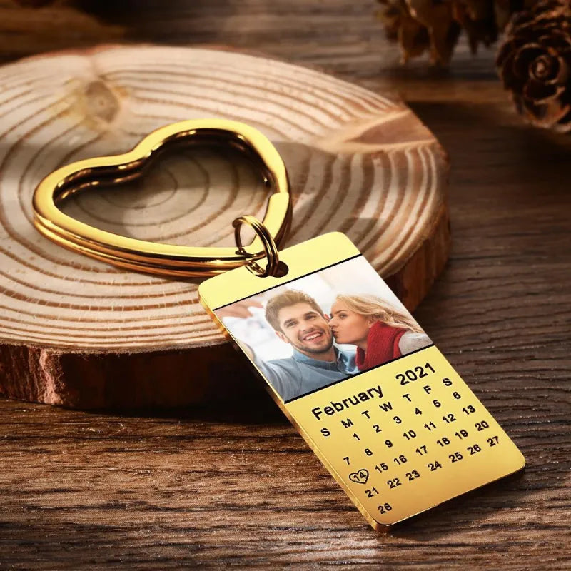 Personalized Photo Calendar Keychain Stainless Steel Keyring Anniversary Gifts for Him