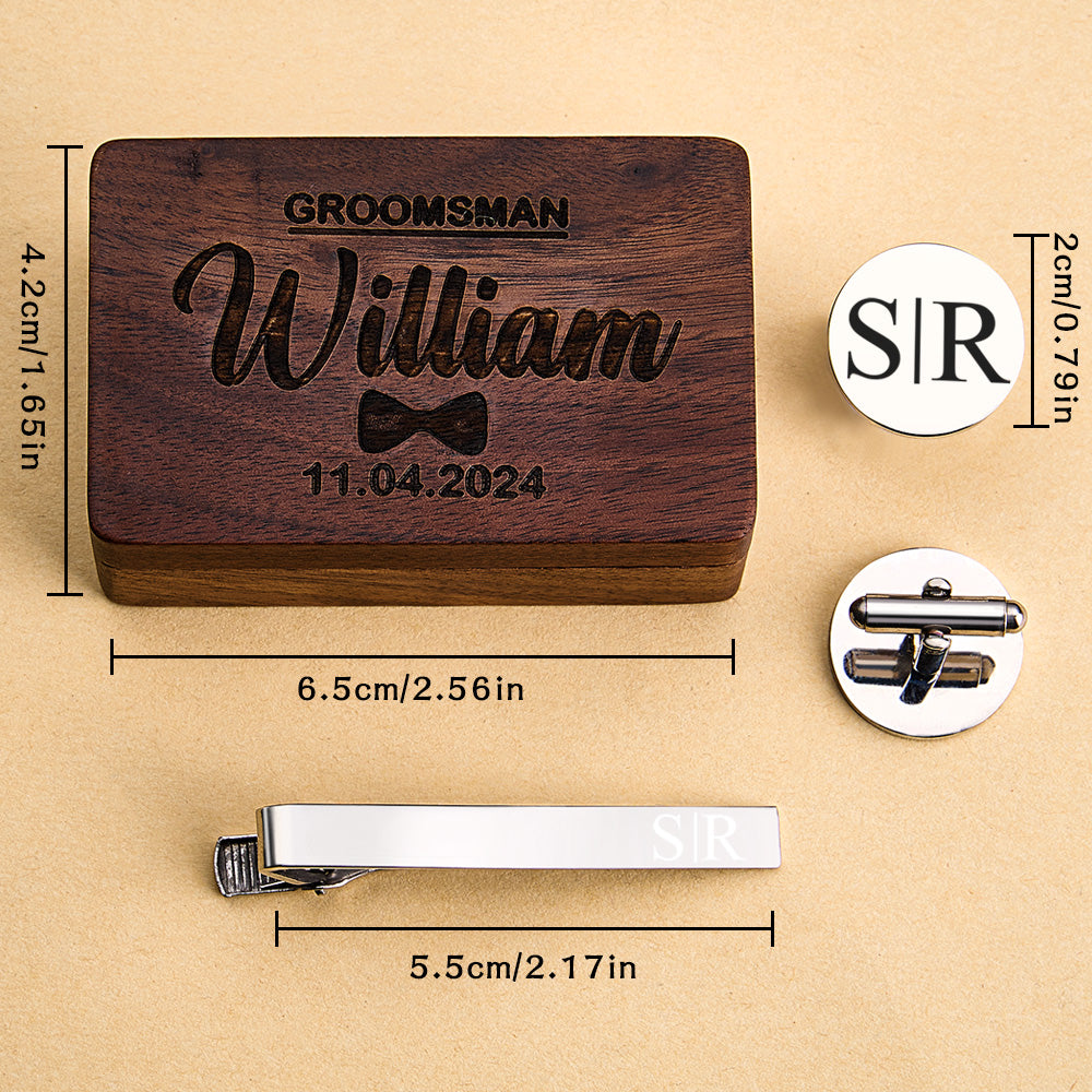 Personalized Engraved Tie Clip and Cufflinks Set with Wooden Box Wedding Gift for Men Groomsmen