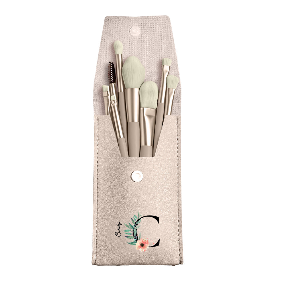 Personalized Flower PU Leather Makeup Brush Bag with 8 Pcs Makeup Brushes Gift for Her