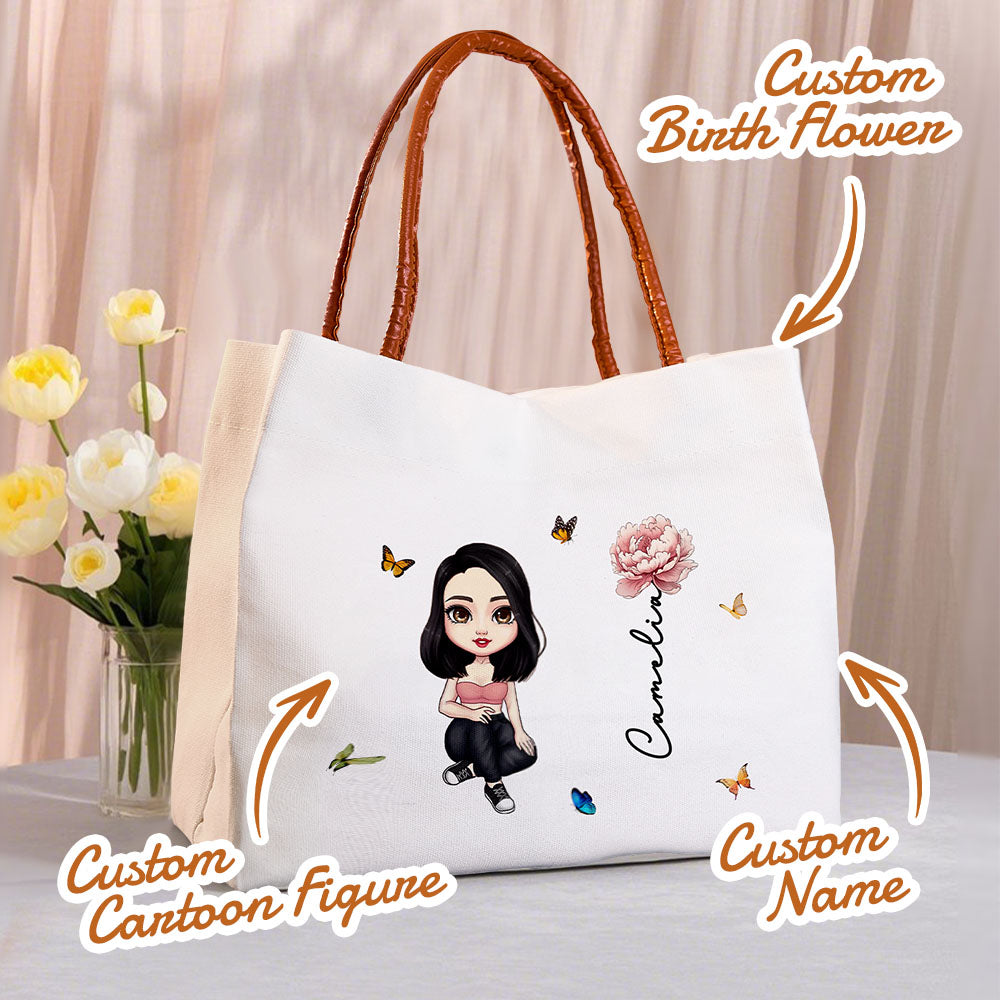 Personalized Cartoon Character Birth Flower Canvas Tote Bag Birthday Gift for Her