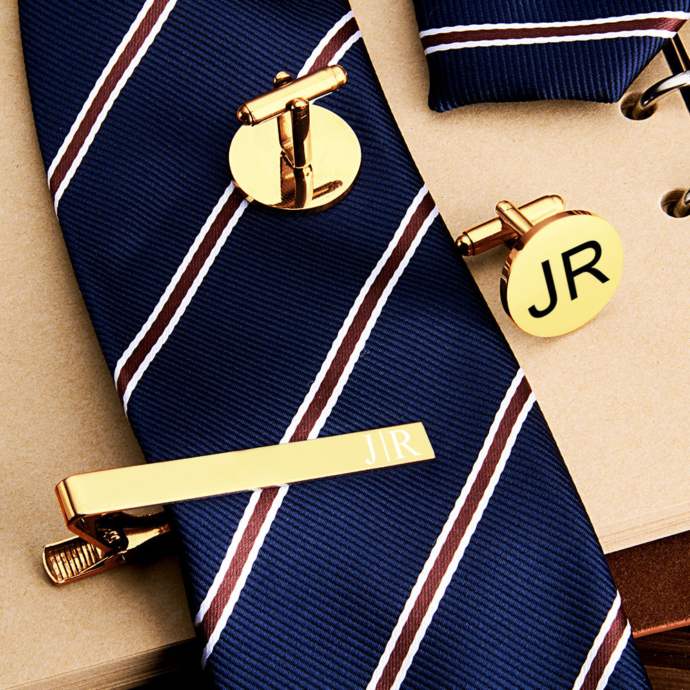 Personalized Engraved Tie Clip and Cufflinks Set with Wooden Box Wedding Gifts for Groomsmen