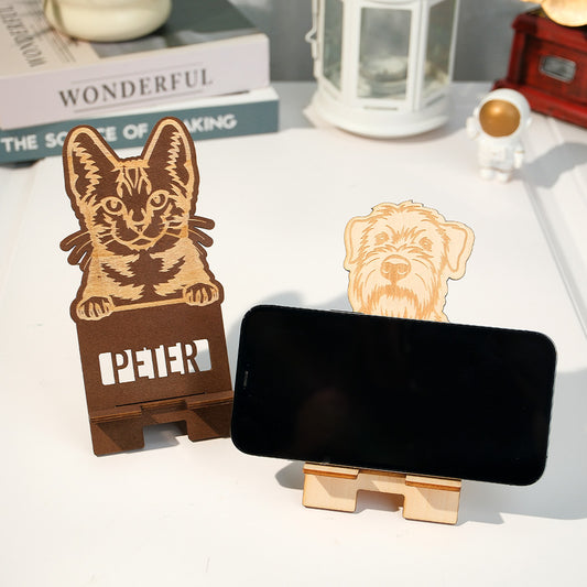 Personalized Engraved Pet Portrait Wooden Phone Stand Holder Gift for Pet Lovers