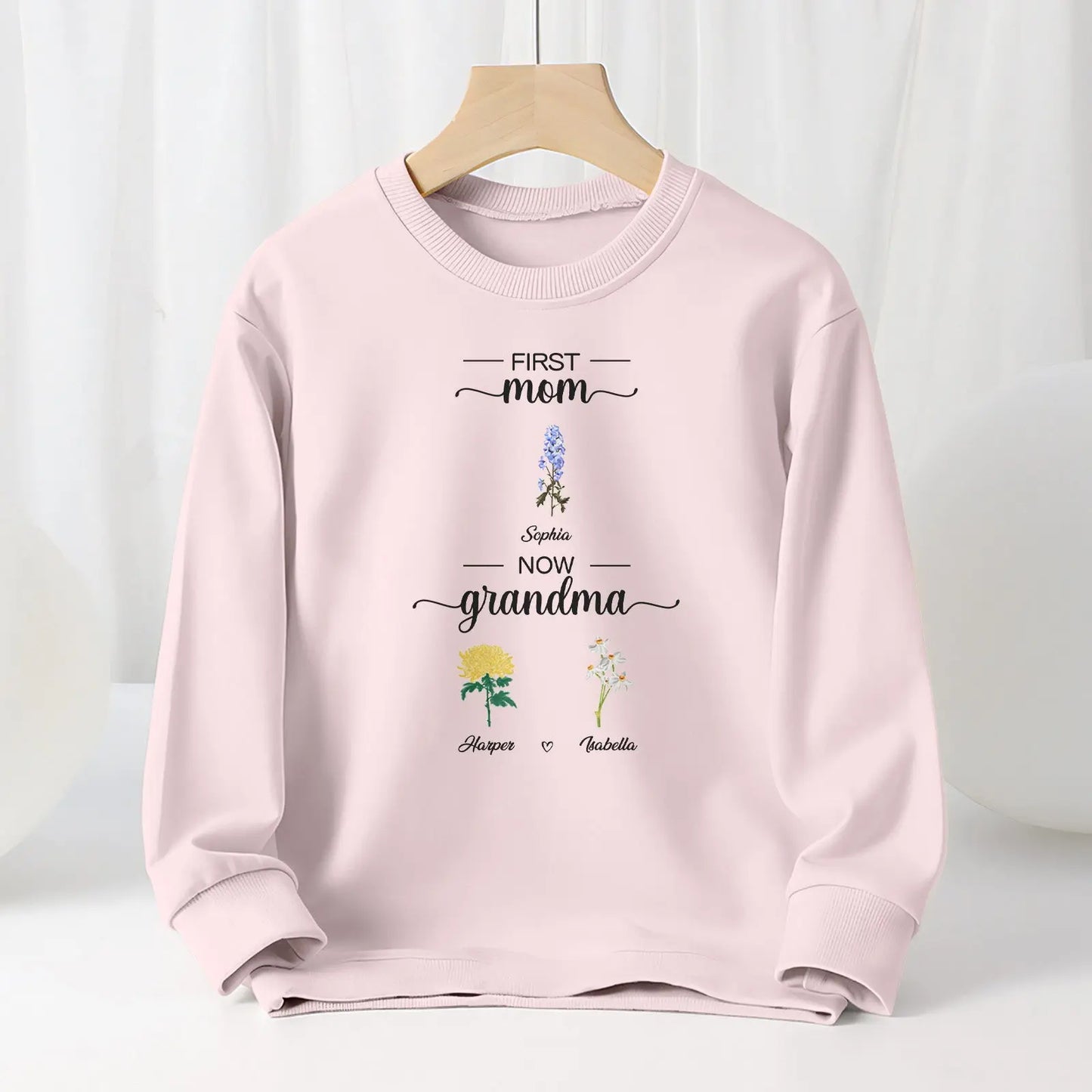 Personalized First Mom Now Grandma Sweatshirt Custom Birth Flowers Sweatshirts for Mother's Day Gift