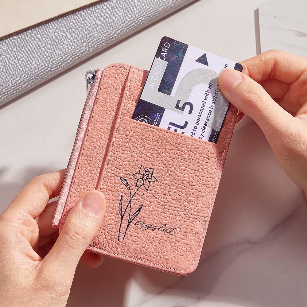 Personalized Birth Flower PU Leather Wallet with Name 8 Card Slots Wallet Birthday Gift for Her