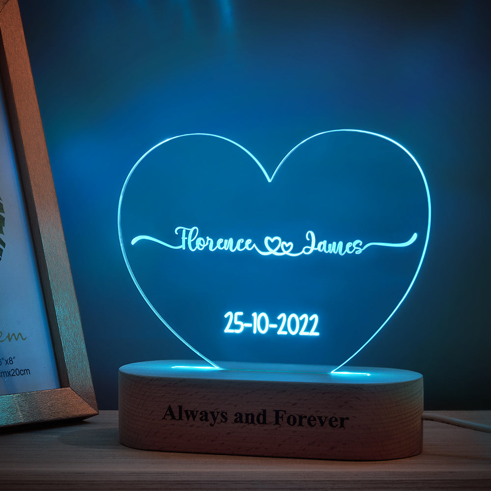 Heart Shaped Acrylic Plaque Personalized Name and Date Night Light