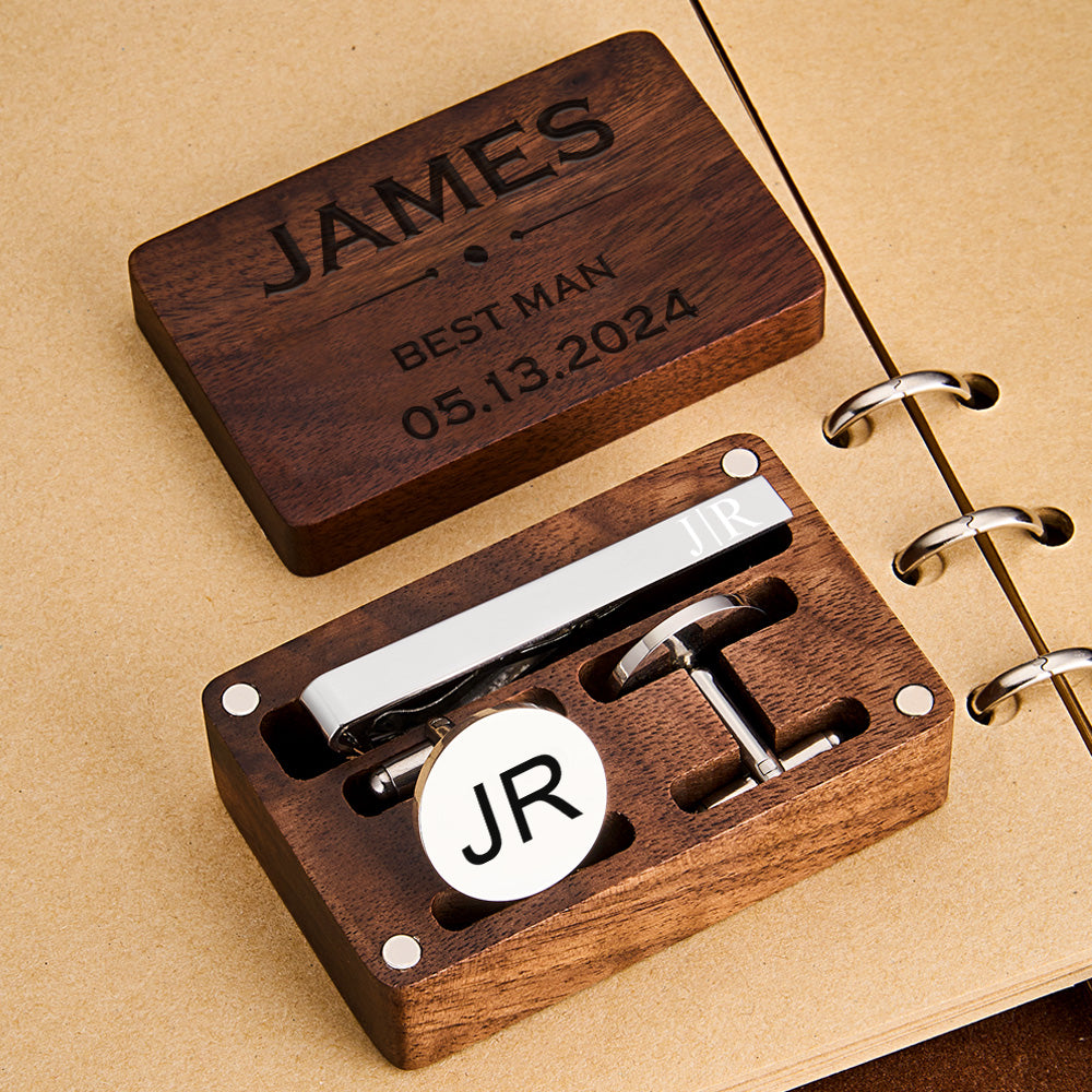 Personalized Engraved Tie Clip and Cufflinks Set with Wooden Box Wedding Gifts for Groomsmen