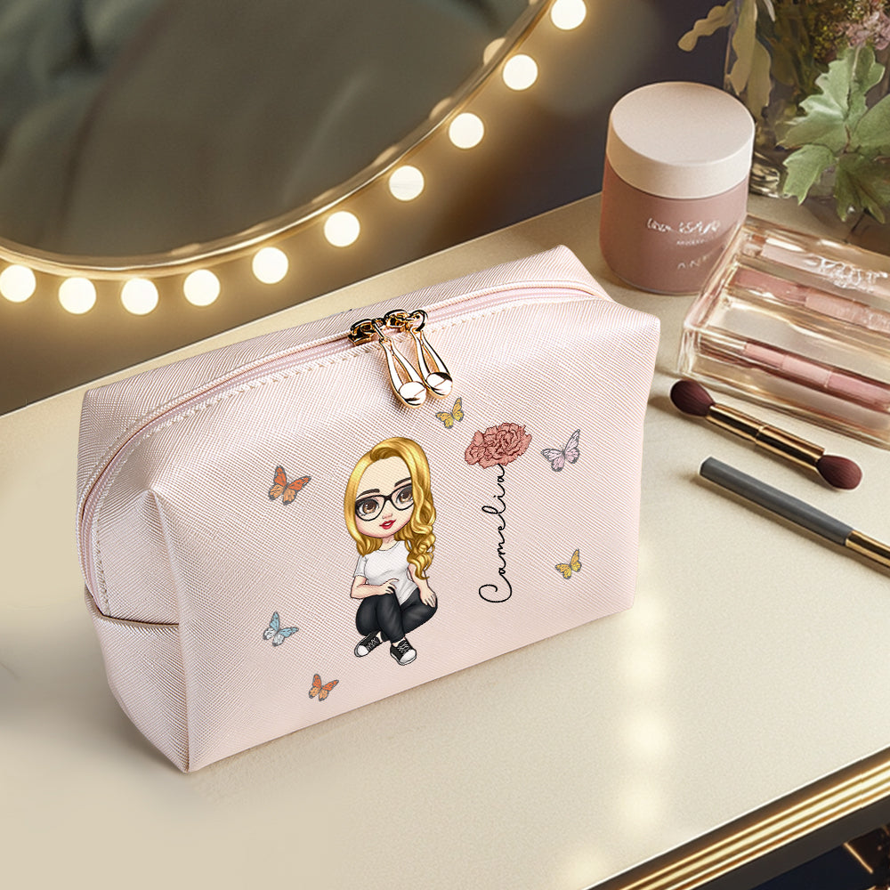 Personalized Cartoon Character Makeup Bag with Birth Flower PU Leather Cosmetic Bag Gift for Her