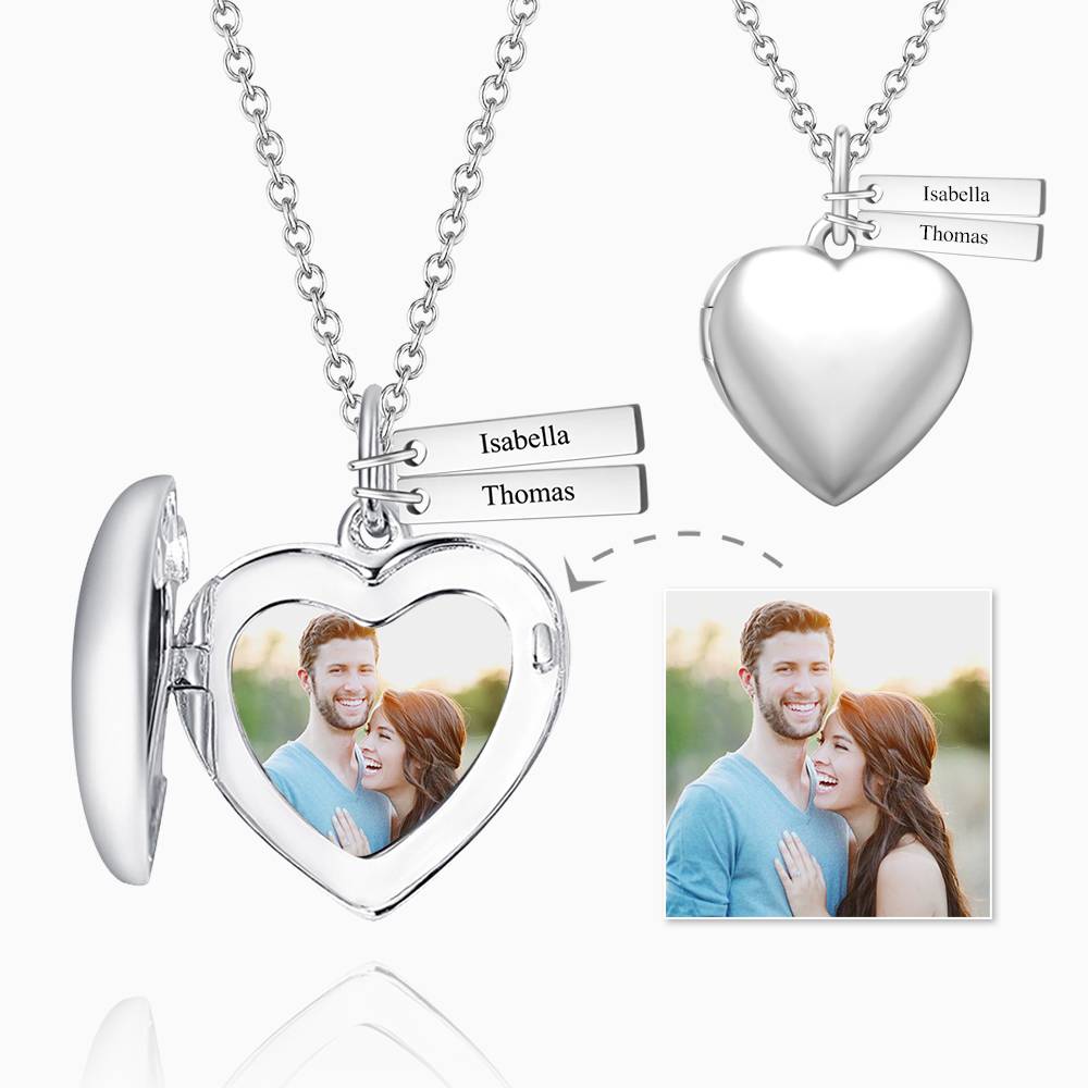 Custom Heart Photo Locket Necklace with Two Engraved Bars