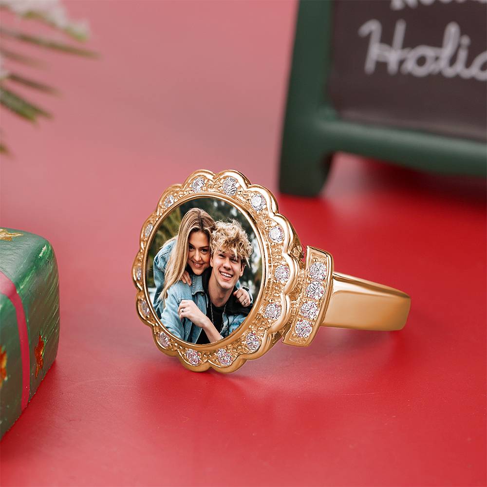 Custom Photo Ring Round Photo with Zircon Mother's Gift