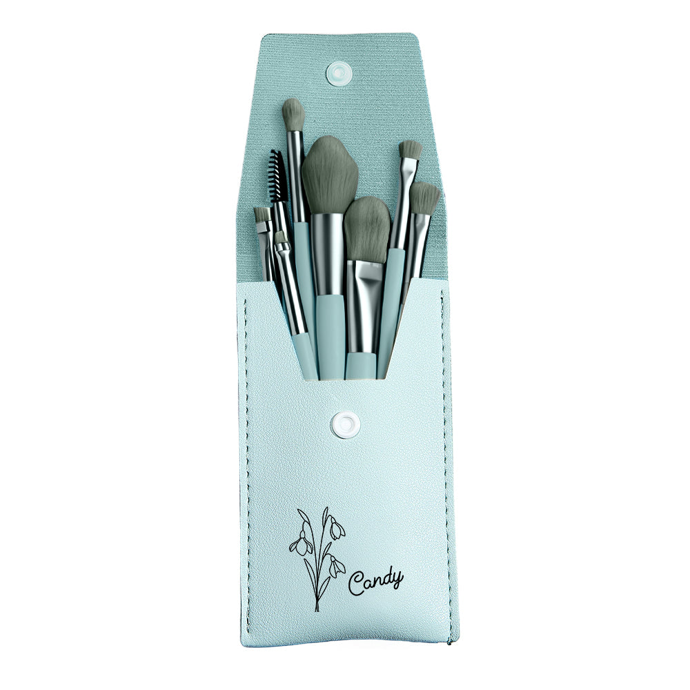 Personalized Birth Flower PU Leather Makeup Brush Bag with 8 Pcs Makeup Brushes Birthday Gift for Her