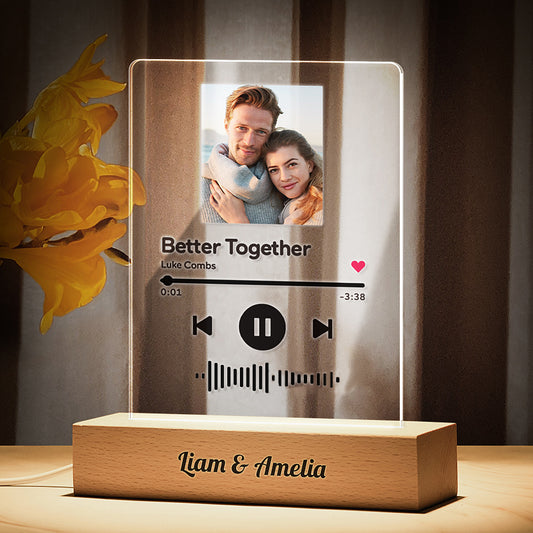 Personalized Scannable Song Plaque Photo Night Light With Engraved Wooden Base