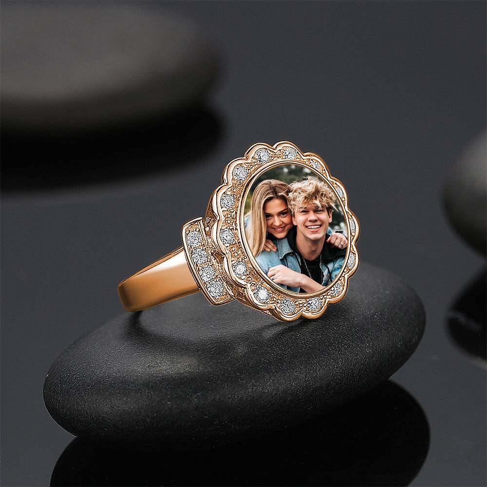 Custom Photo Ring Round Photo with Zircon Mother's Gift