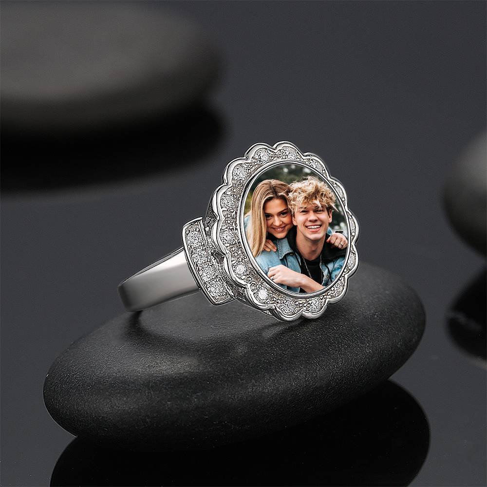 Custom Photo Ring Round Photo with Zircon Mother's Gift