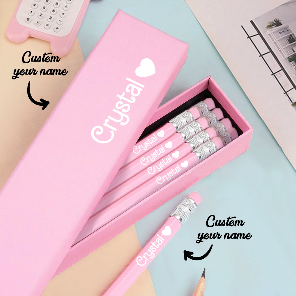 Personalized Name Pink Box of 12 HB Pencils with Eraser Pink Stationery Set Back to School Gift for Kids