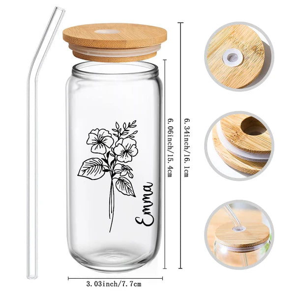 Personalized Name Glass Can with Birth Flower Custom Can Glass with Straw Gift for Mother Friends Family Bridesmaid Wedding Gifts