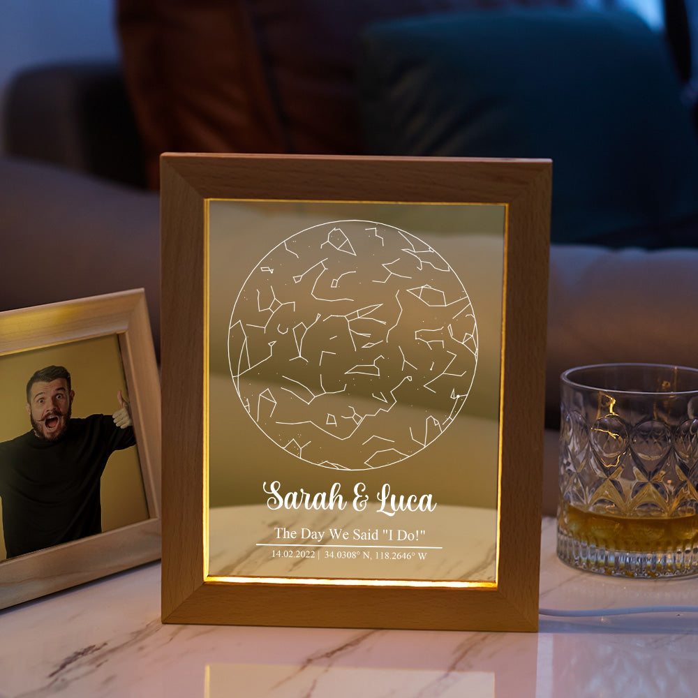 Custom Engraved Star Map Print Constellation Print Night Light with Wood Frame