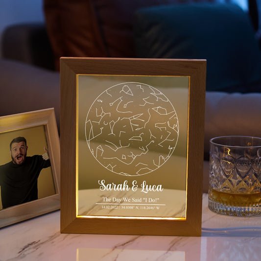 Custom Engraved Star Map Print Constellation Print Night Light with Wood Frame