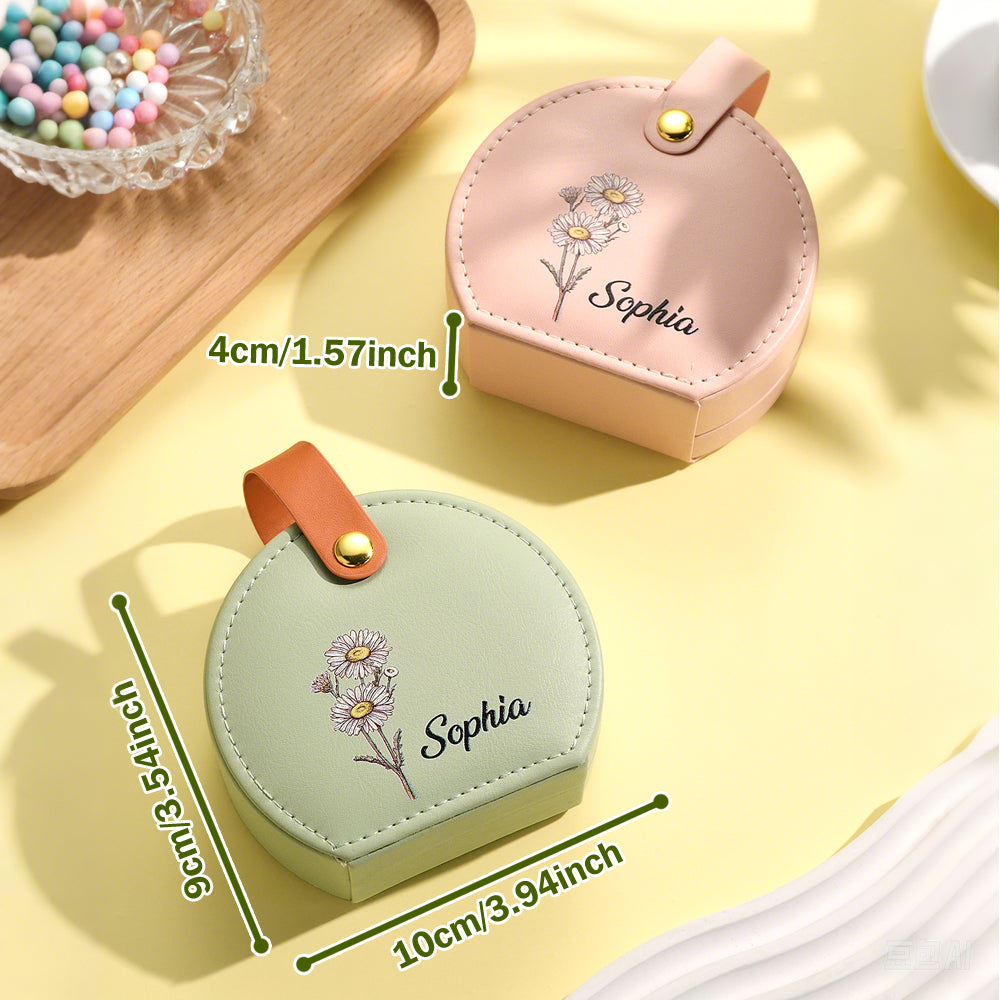 Personalized Birth Flower Jewelry Box with Name PU Leather Jewelry Box Birthday Gift for Her