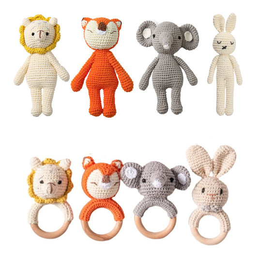 Knitted Dolls Toy Cute Animal Wooden Baby Rattle for Children's Educational Toy