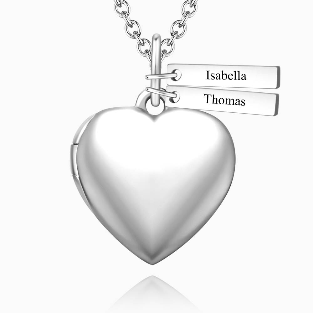 Custom Heart Photo Locket Necklace with Two Engraved Bars