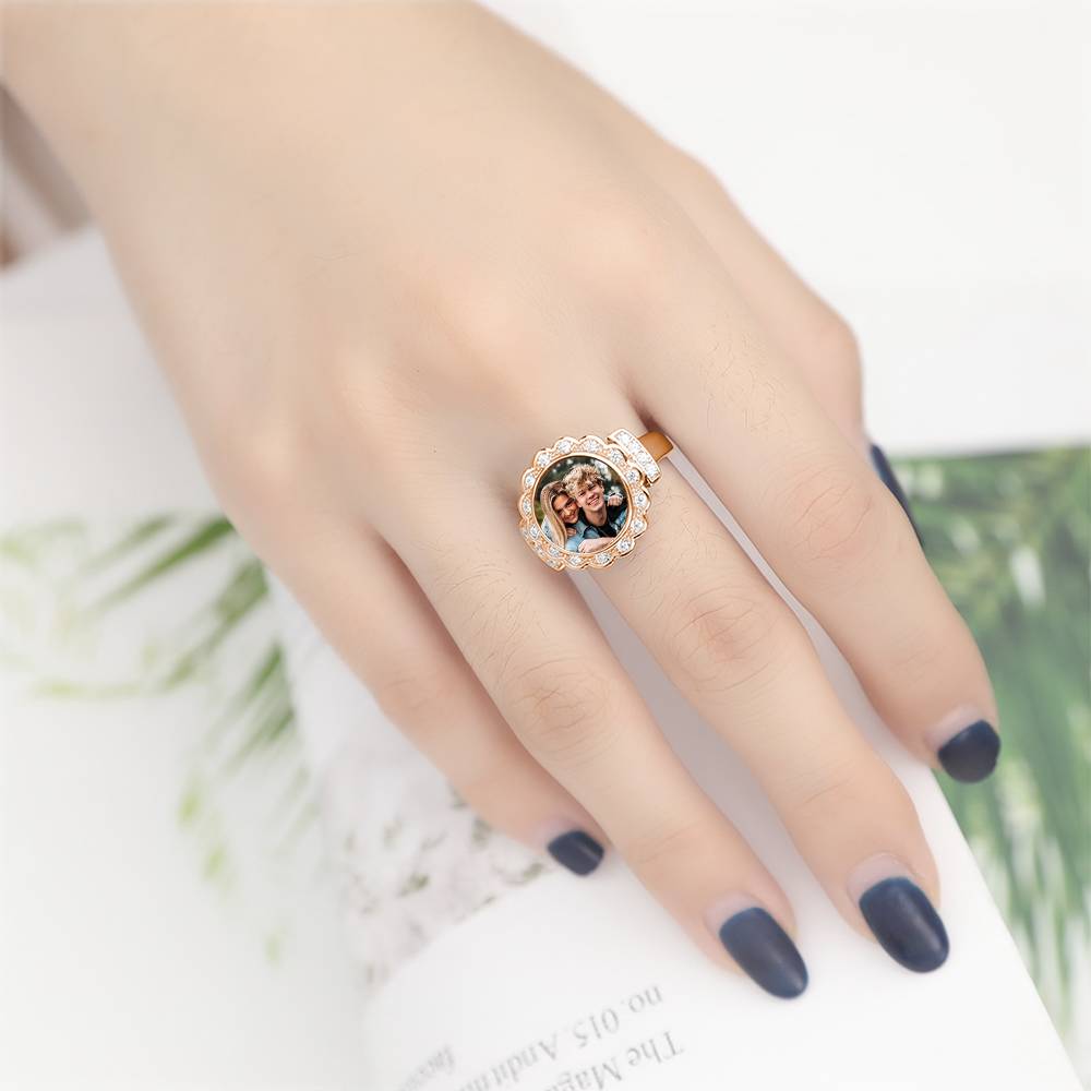 Custom Photo Ring Round Photo with Zircon Mother's Gift