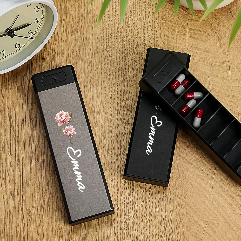 Personalized Magnet Weekly Pill Organizer with Name Birth Flower 7-Day Pill Box Gift