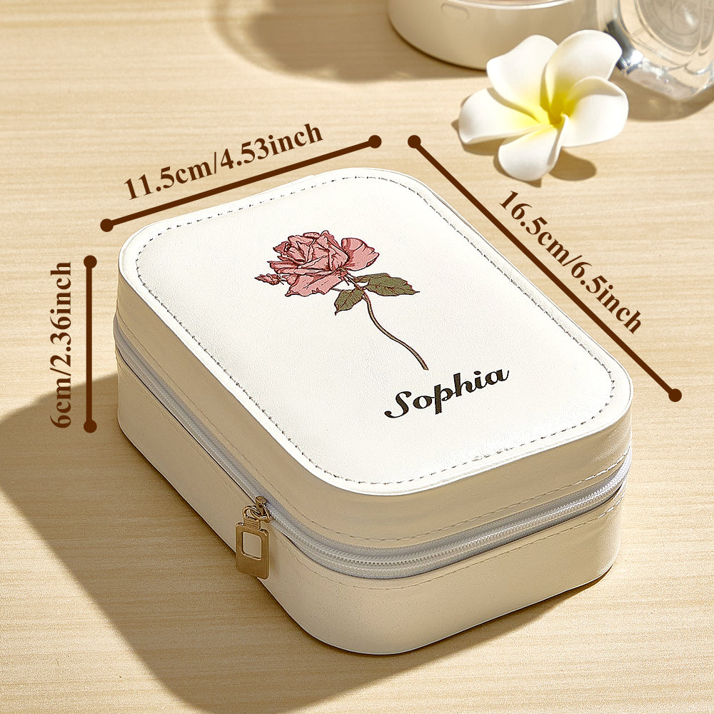 Personalized Birth Flower PU Leather Jewelry Box with LED Makeup Mirror Birthday Gift for Her