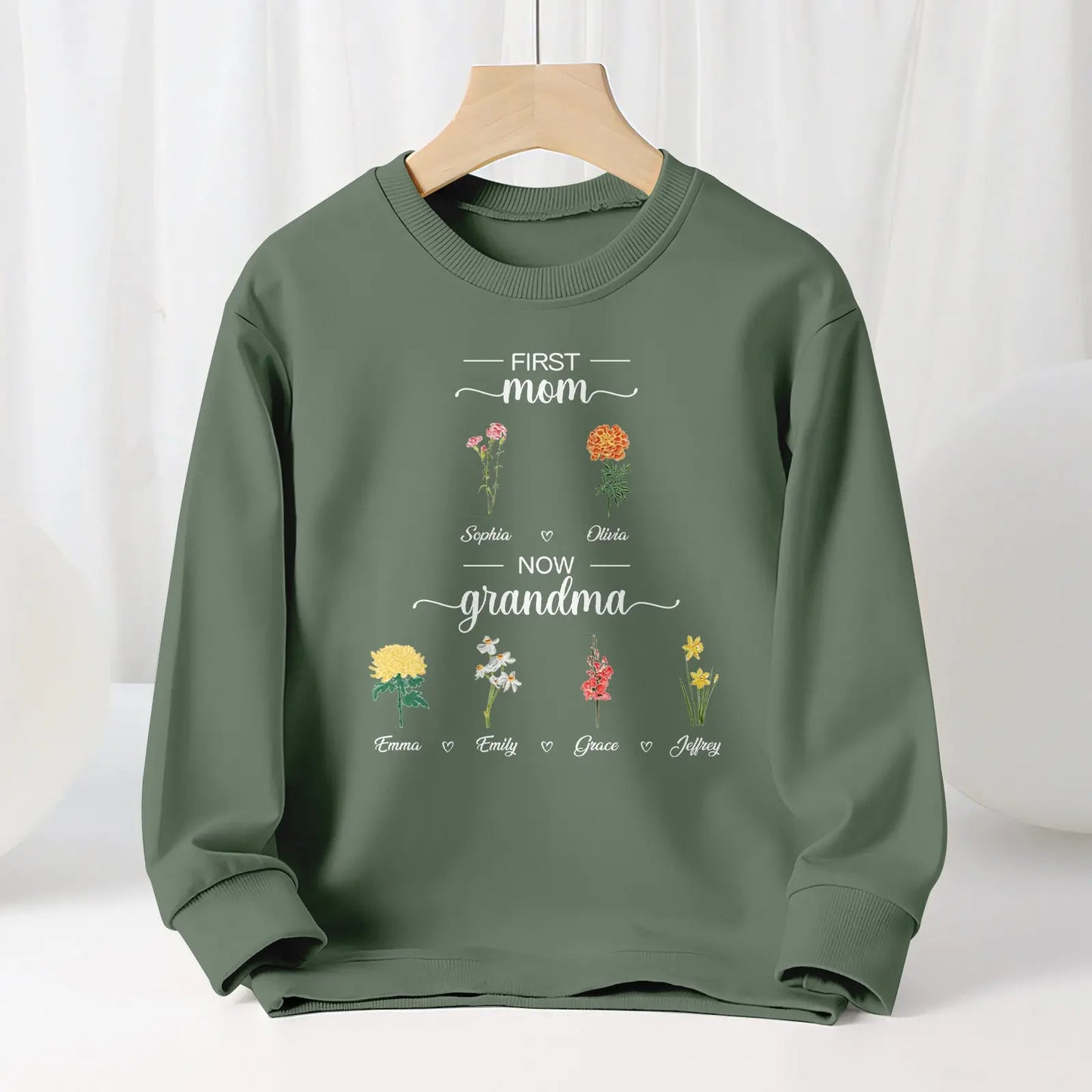 Personalized First Mom Now Grandma Sweatshirt Custom Birth Flowers Sweatshirts for Mother's Day Gift