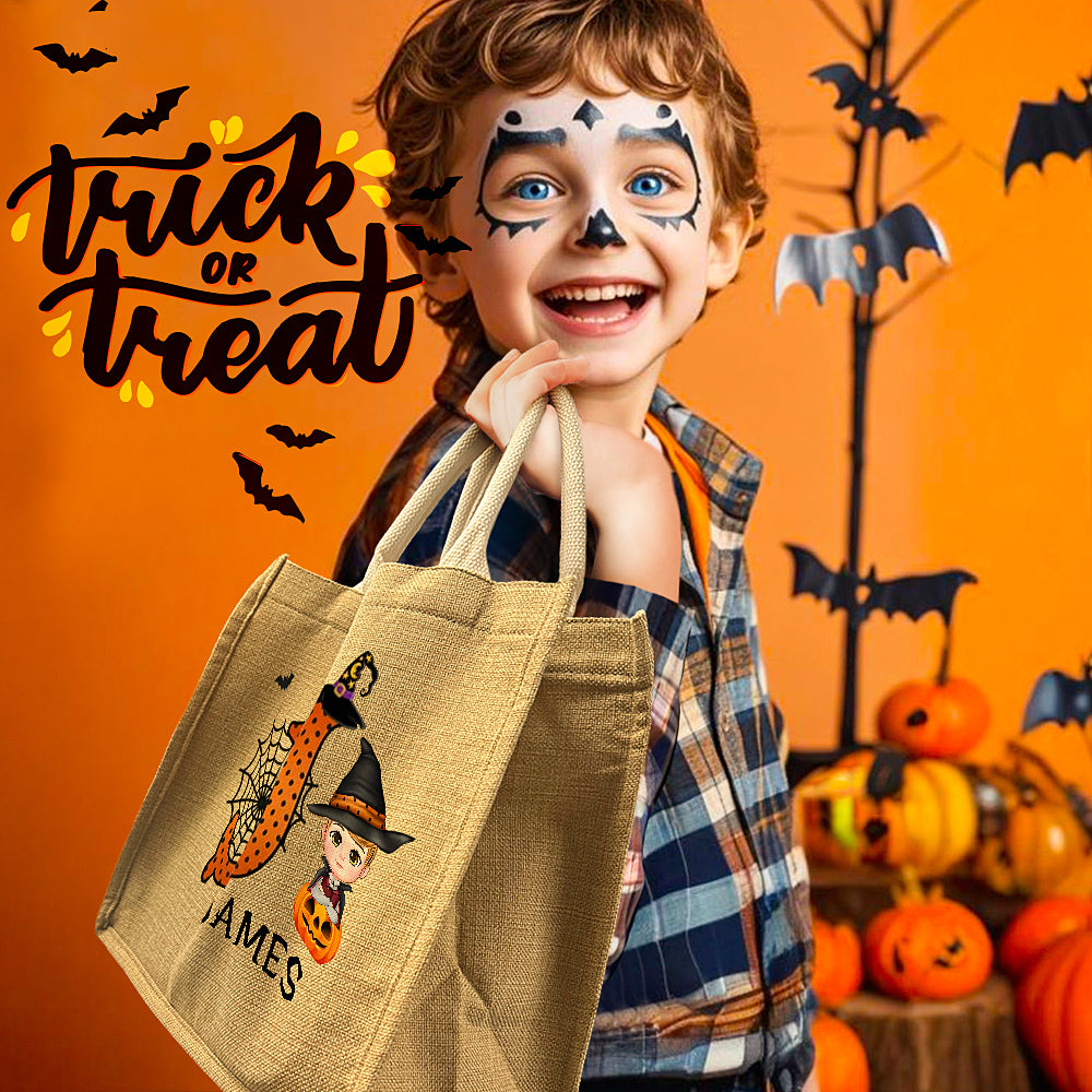 Personalized Cartoon Character Pumpkin Design Trick or Treat Candy Jute Tote Bag with Initial & Name Halloween Party Favors Gift for Kids