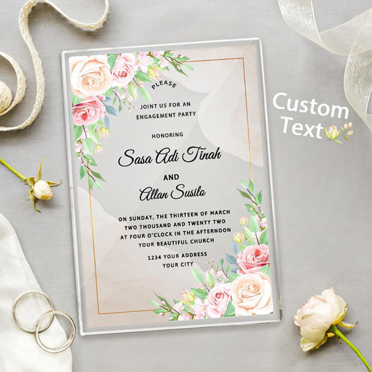 Custom Printed Name Text Clear Acrylic Plaque Engagement Party Invitation Ornament