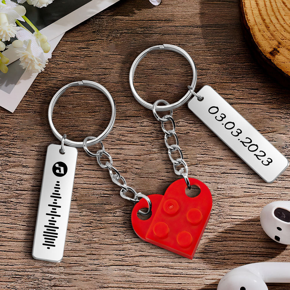 Personalized Music Code and Date Matching Couples Love Heart Bricks Keychain for Couples