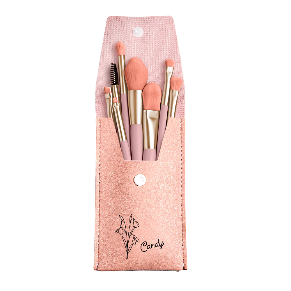 Personalized Birth Flower PU Leather Makeup Brush Bag with 8 Pcs Makeup Brushes Birthday Gift for Her