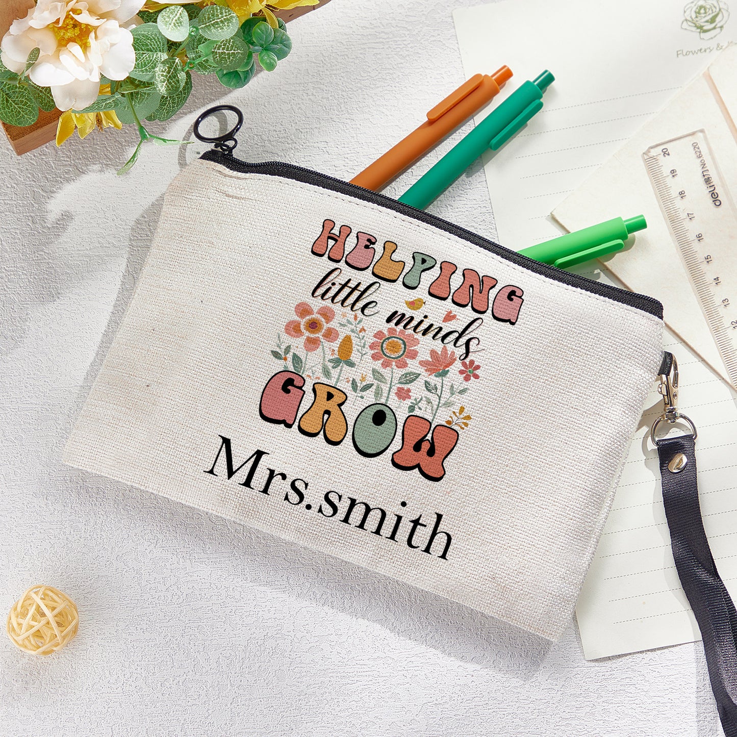 Personalized Flower Pencil Canvas Makeup Bag with Name Appreciation Back to School Gift for Teacher