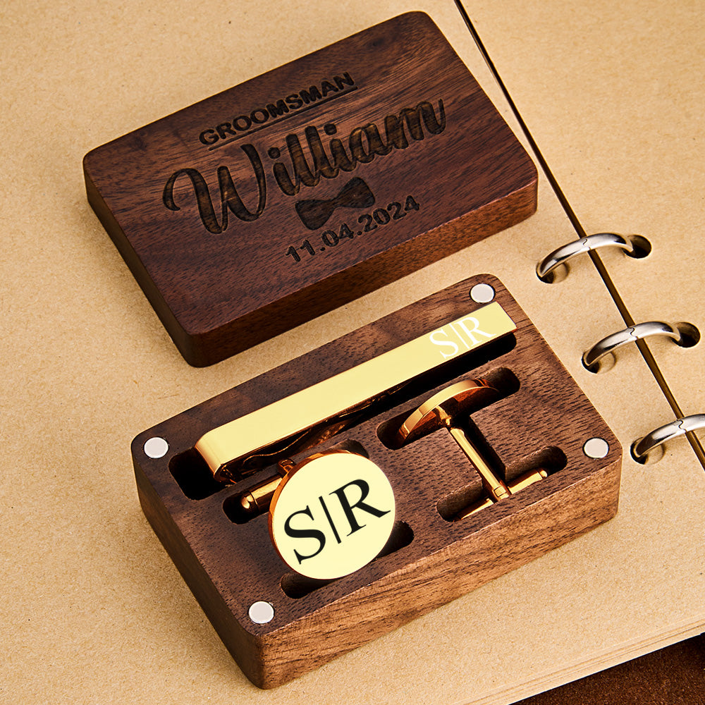 Personalized Engraved Tie Clip and Cufflinks Set with Wooden Box Wedding Gift for Men Groomsmen