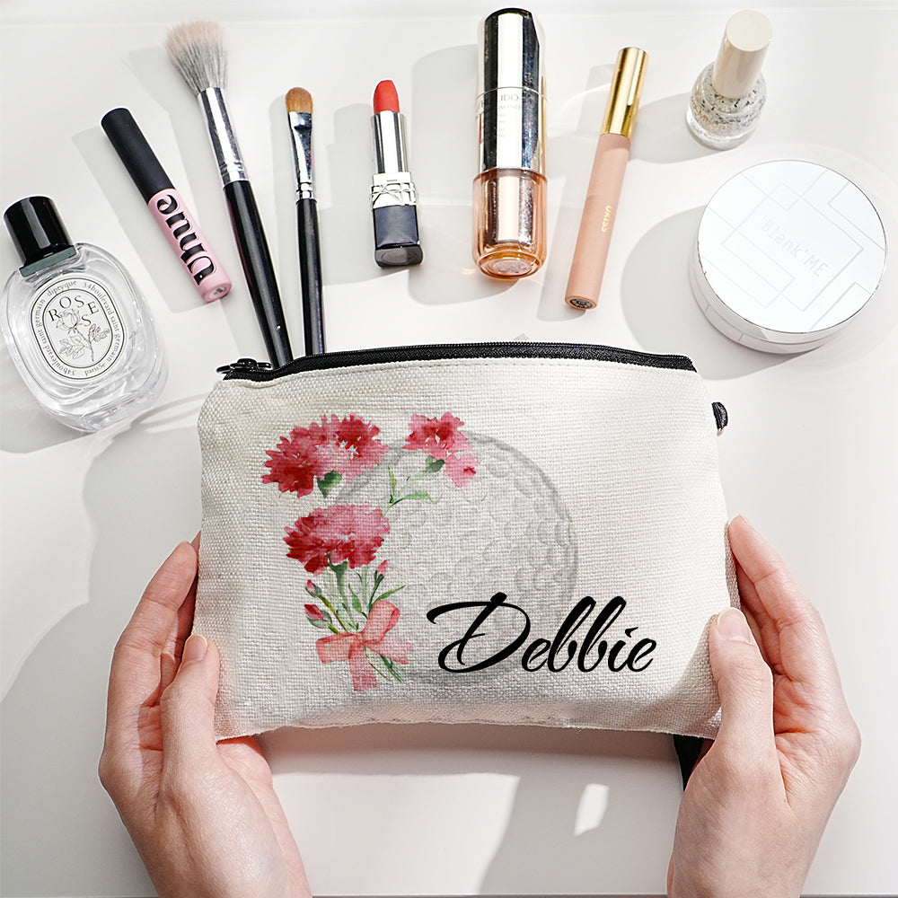 Custom Name Birth Flower and Golf Ball Design Canvas Makeup Bag - Personalized and Unique