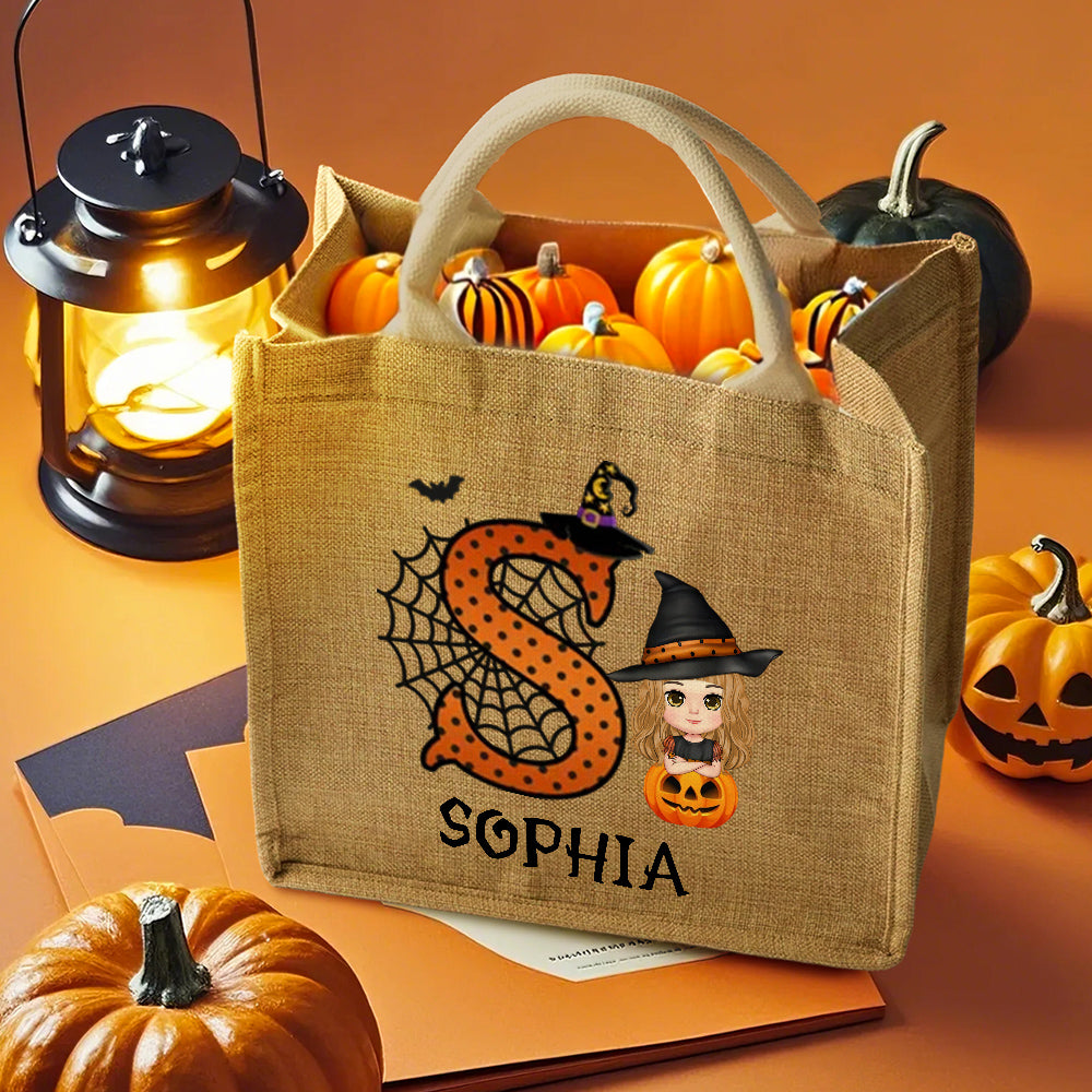 Personalized Cartoon Character Pumpkin Design Trick or Treat Candy Jute Tote Bag with Initial & Name Halloween Party Favors Gift for Kids