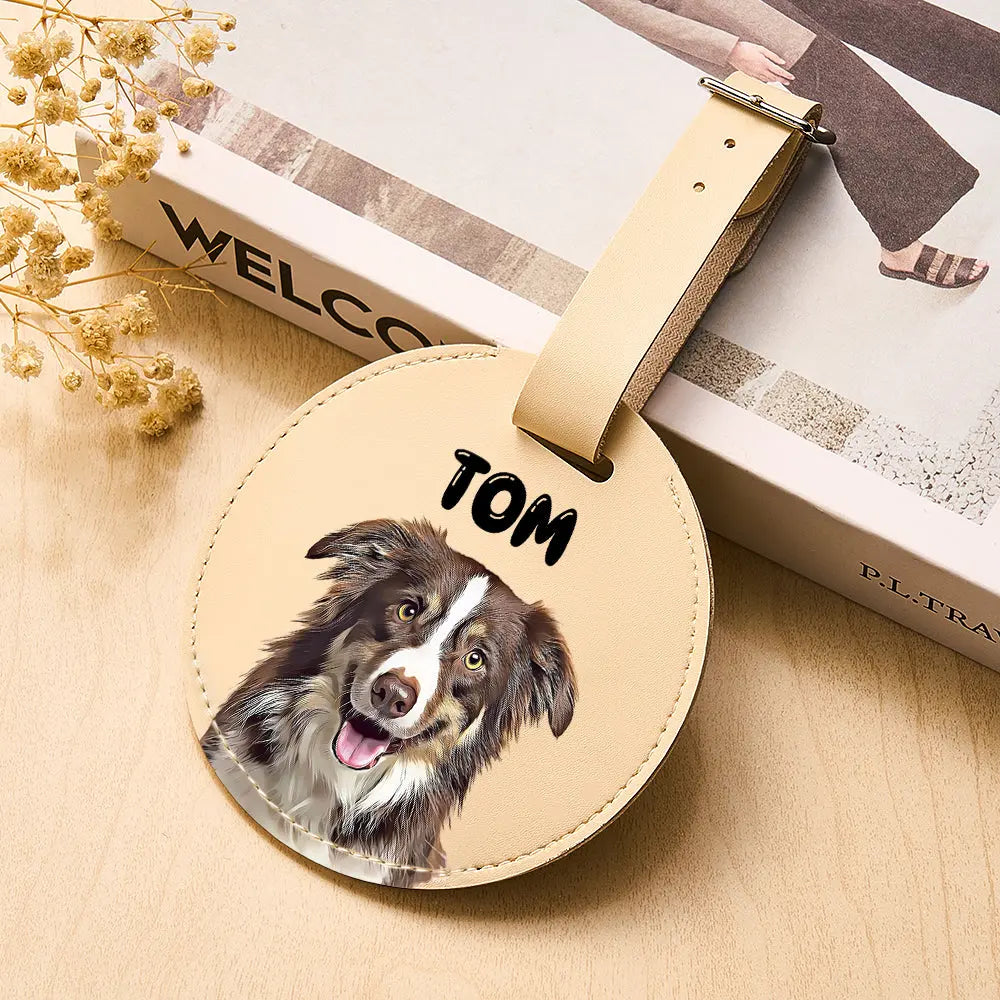 Personalized Pet Portrait Round Luggage Tag with Name Gift for Pet Lover