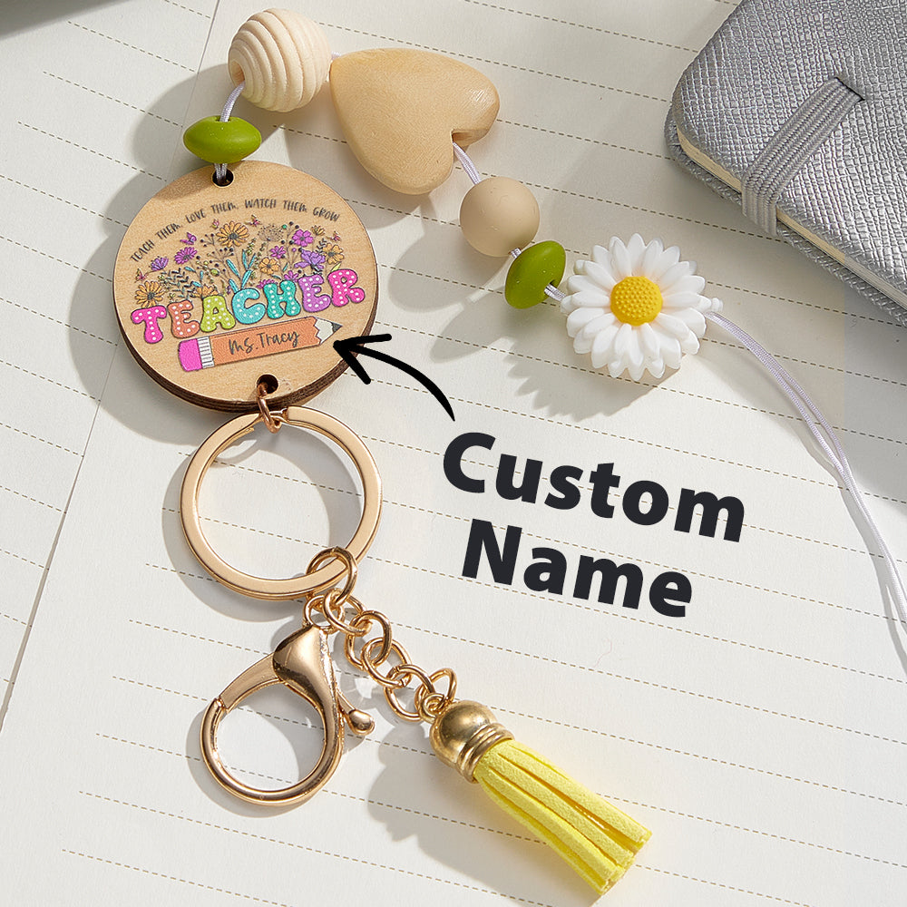 Personalized Flower Beaded Lanyard with Key Ring Thanksgiving Back to School Gift for Teacher