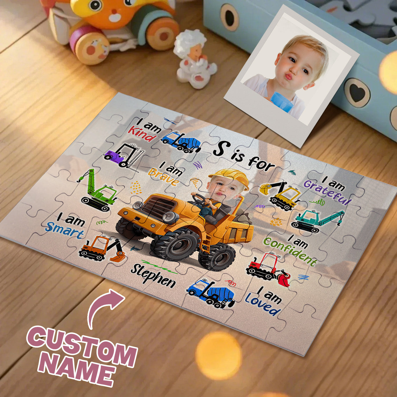 Personalized Photo Jigsaw Puzzle Little Boy Construction Truck Gift for Kids