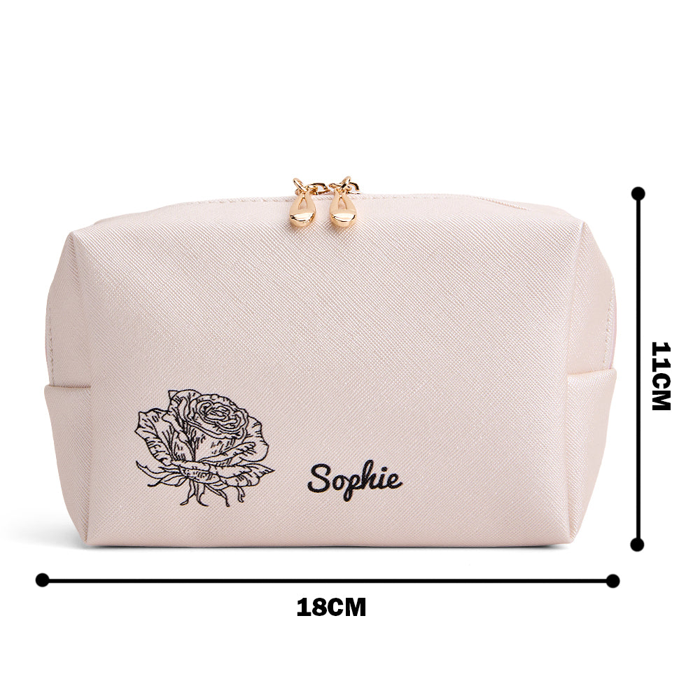 Personalized Birth Flower Makeup Bag Large Capacity Leather Cosmetic Bag Gift for Her