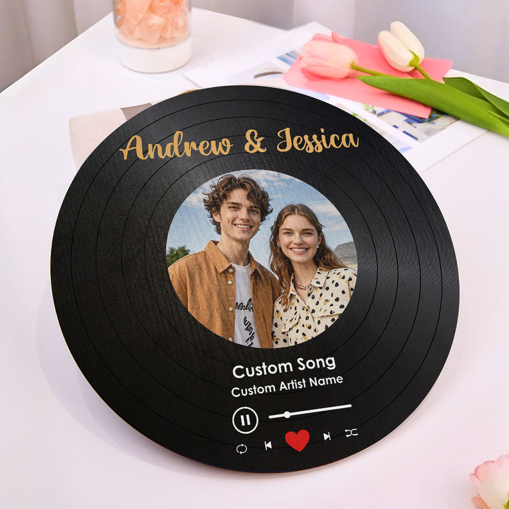 Personalized Music Vinyl Record Photo Round Wood Sign Gift for Lover